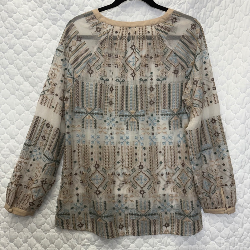 Soft Surroundings Women's Beige Blue Embroidered Long Sleeve Blouse Top - Picture 2 of 10